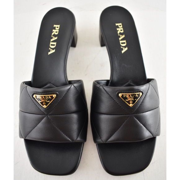 Prada Diagram Quilted Leather Black Gold Logo Slide Sandal Mule Block Heel 39 - Picture 7 of 15